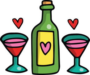 Romantic Wine Bottle and Glasses with Heart Decoration