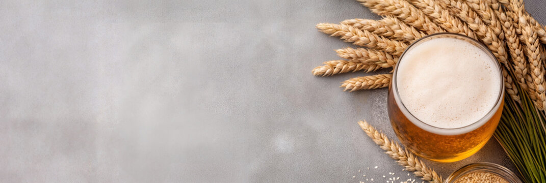 Glass of light beer with ripe wheat on gray textured background. Alcoholic drink and agriculture concept. Top view beverages background for pub menu, banner with copy space