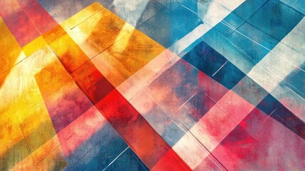 A vibrant abstract composition featuring intersecting colorful lines and shapes.