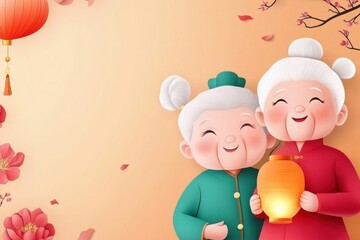 Playful Grandmothers Holding Lanterns in a Festive Spring Scene with Cherry Blossoms and Lantern Decorations
