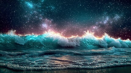 Naklejka premium Cosmic Ocean Waves: A Surreal Night Sky and Ocean Fusion