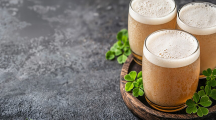Refreshing beer glasses on wooden tray with clover on dark background. Celebration and party concept. For pub, bar, restaurant, menu, banner, advertising. Place for text.