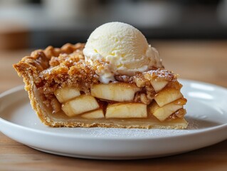 Delicious Slice of Homemade Apple Pie Topped with Creamy Vanilla Ice Cream on a White Plate with Rustic Background and Warm Tones