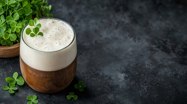 Glass of beer with clover on dark stone background. St. Patrick's Day celebration. Bar menu, advertising, card, poster with copy space - Powered by Adobe