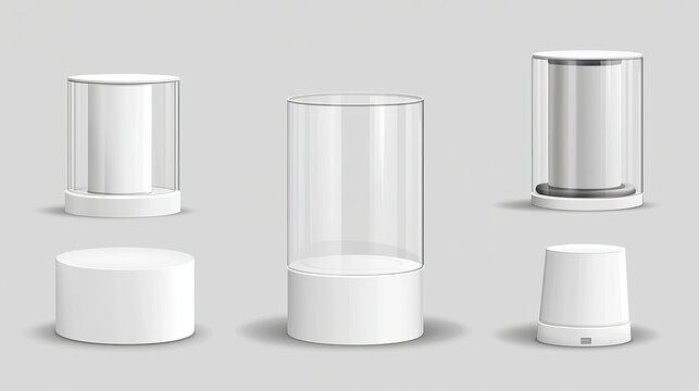 Pedestals from white plastic and glass for display product, exhibit or trophy. Vector realistic set of empty modern podiums different shapes, platforms for showcase, museum or exposition