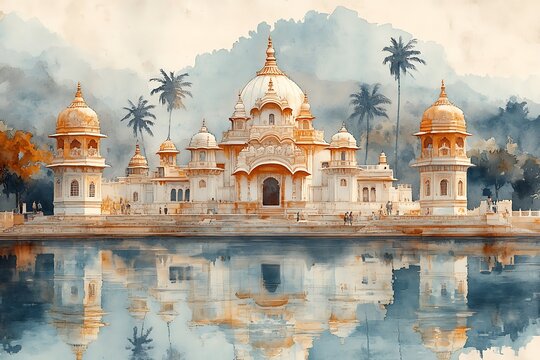 "Stunning view of Kusum Sarovar in Goverdhan, Mathura, India, a serene oasis steeped in spiritual charm."
