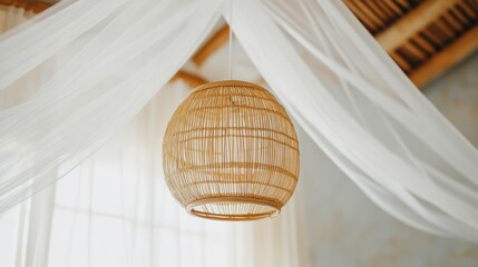 Obraz premium A woven pendant light hangs elegantly beneath sheer drapery in a cozy interior.