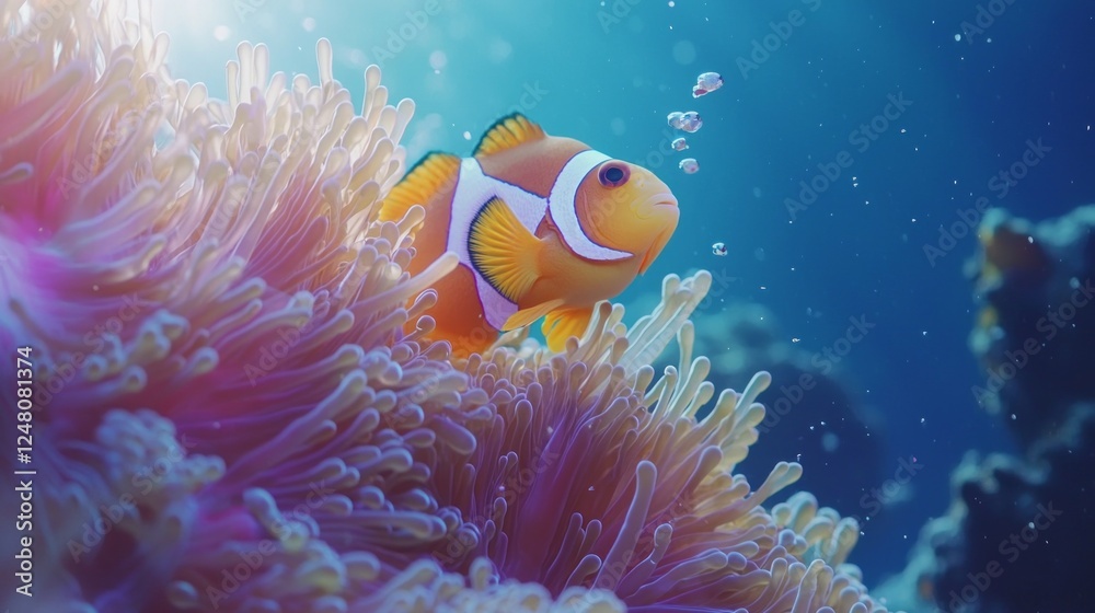 Poster two clownfish gracefully navigate through a colorful anemone in a clear blue sea. this close-up capt