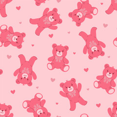 Seamless pattern with pink teddy bears and hearts. Vector graphics.