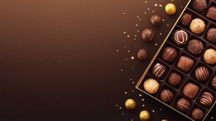 Fototapeta premium Gourmet Chocolate Box with Assorted Truffles and Decorative Elements on Elegant Brown Background