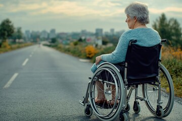 Obraz premium A woman sitting in her wheelchair by the side of a road, possibly stranded or waiting for assistance