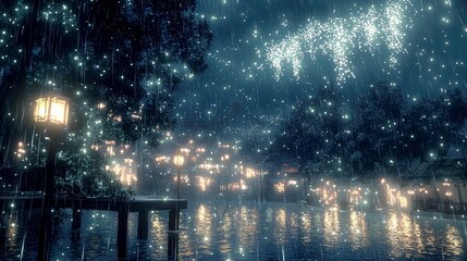 Obraz premium Enchanted Rain Night: Serene Cityscape with Fireworks and Lanterns