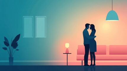 Obraz premium Romantic Couple Silhouette in Cozy Living Room with Soft Lighting and Stylish Furniture at Evening Time