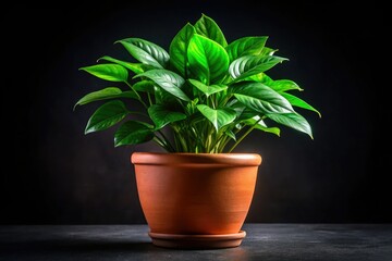 Obraz premium Isolated studio shot of a vibrant green potted plant against a stark black background.