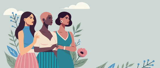  Women symbolize freedom, the fight for women empowerment and gender equality. Equality Day. Women's Day. Vector illustration with space for text for women's holidays, website