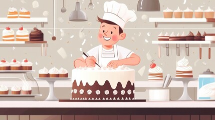 Joyful Baker Decorating Cake: A cheerful baker in a chef's hat meticulously decorates a large, delicious-looking cake in his cozy bakery, surrounded by an array of sweet treats.