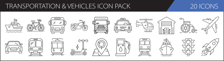 Transportation and Vehicles Icon Pack Collection - A set of 20 simple, line-style icons representing various modes of transportation and vehicles for digital design purposes.

