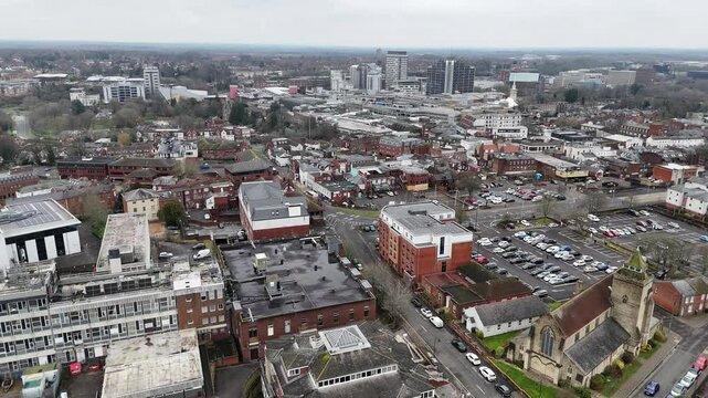 Basingstoke town centre England drone,aerial push in shot
