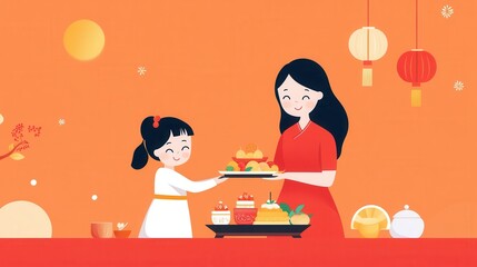 Joyful mother and daughter celebrating Lunar New Year with traditional food in vibrant orange background