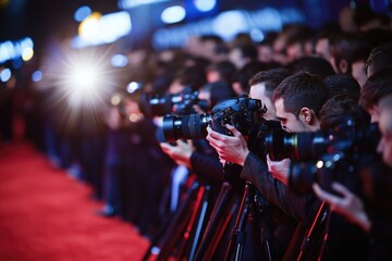 A crowd of people standing together on a bright red carpet