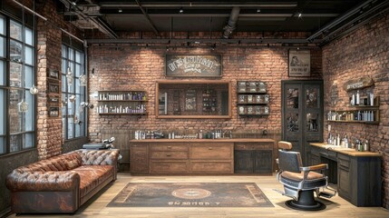 Vintage Barbershop Interior Design: Rustic Brick Walls, Leather Furniture, and Classic Decor