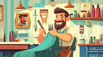 Smiling Barber:  A cheerful cartoon barber with a full beard, holding a comb and razor, prepares to give a client a haircut in a well-equipped barbershop with vintage details.