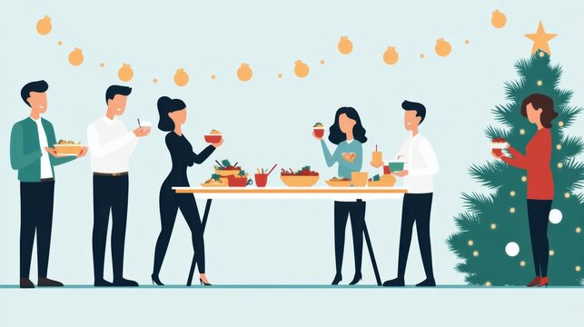 Joyful Holiday Gathering with Friends Sharing Food and Celebrating by the Christmas Tree in a Festive Atmosphere