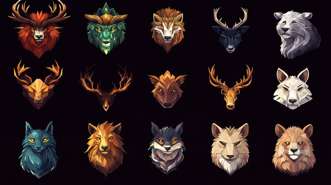 Game avatar frames, level ui icons, wooden shields or banners animal shapes with wings and horns. Isolated 2d graphic elements, reward, trophy achievement and prize for rpg design, Cartoon vector set