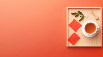 Cozy tea set on a wooden tray with red envelopes and green leaves on a warm gradient background