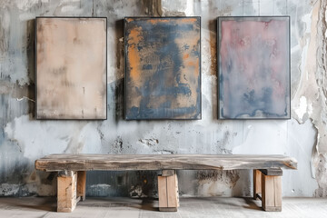 Three frames hanging on a rough concrete wall mockup
