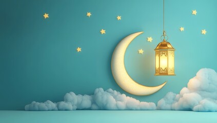 Ramadan lantern hanging crescent moon night sky clouds