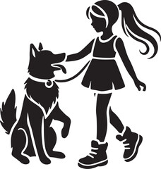 A Girl with a dog icon silhouette vector with white background