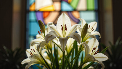 Majestic Easter lilies bloom against stained glass window, spiritual peace © Elenba