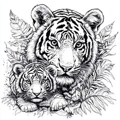 Obraz premium animal black and white line art of tiger and tiger cub