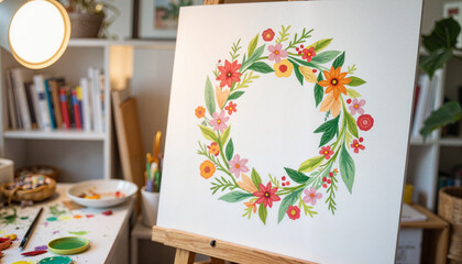 Artistic Easter wreath illustration on easel in studio, creative expression