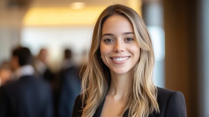 Fototapeta premium Smiling young woman in professional attire in a modern office environment with blurred background of colleagues