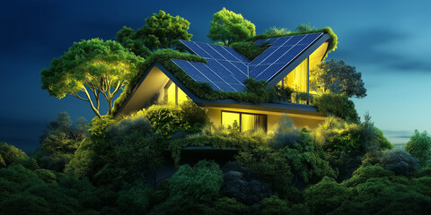 Eco-friendly house with greenery and solar panels during twilight
