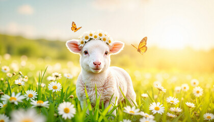 Obraz premium Lamb wearing daisy crown in meadow at dawn, innocence and joy