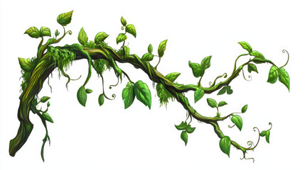 Fototapeta premium Liana swirled and tangled branch with green leaf and moss. Cartoon game assets of jungle long climbing plant vine for border decoration. Vector illustration set of rain forest tree stem with foliage.