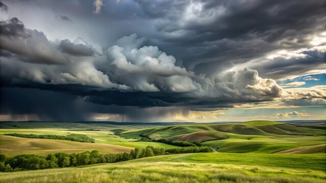 Dark grey storm clouds gathering over the rolling hills of Saskatchewan's vast prairie landscape, with a hint of green trees in the background, thunder, rustic countryside