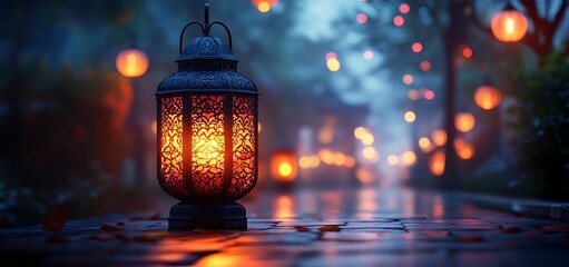 Glowing Lantern on a Misty Path Surrounded by Colorful, Blurred Lanterns in a Tranquil Evening Setting

