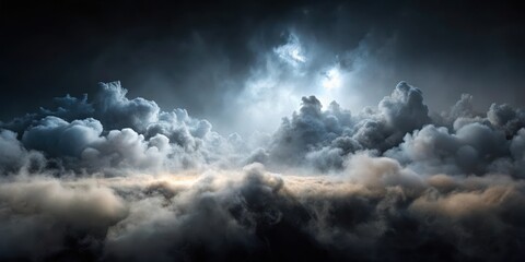 Obraz premium Misty landscape with smoke clouds on left side, creating fog on dark background, clouds, serene, clouds,serene,atmosphere