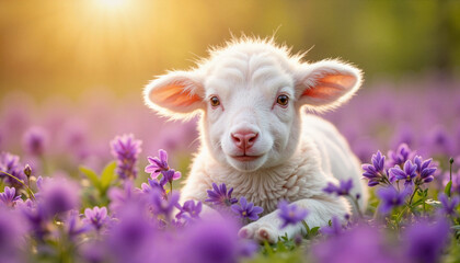 Obraz premium Playful lamb enjoying a meadow of violets at dawn, nature's beauty