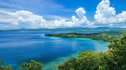 Panorama of sea with calm water surface and clouds in sky. Vector cartoon illustration of panoramic landscape of ocean bay, harbor or lake in daytime. Tropical seascape and marine horizon