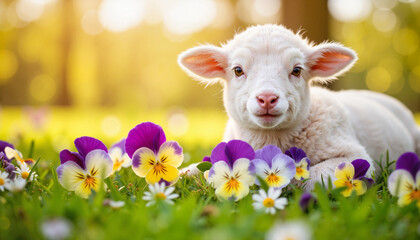 Adorable lamb lying among pansies in a sunlit park, springtime joy