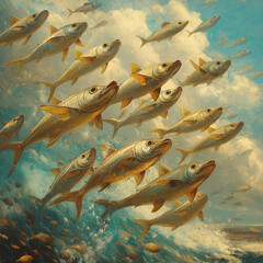 Obraz premium swarm of fish flying in the air --stylize 250
