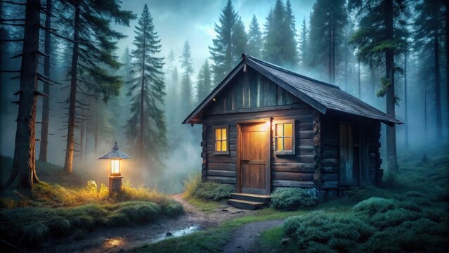 A dimly lit cabin with creaking wooden doors and a lantern in the window