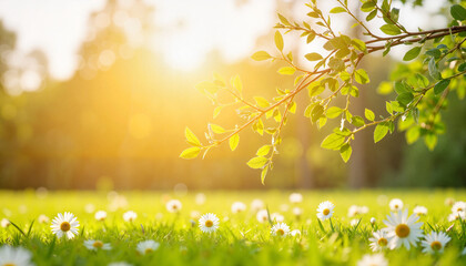 Dew-kissed willow branches in blooming meadow at dawn, fresh beginnings