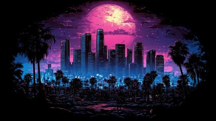 Fototapeta premium Night Cityscape Silhouette Underneath a Vibrant Pink Moon and Starry Sky