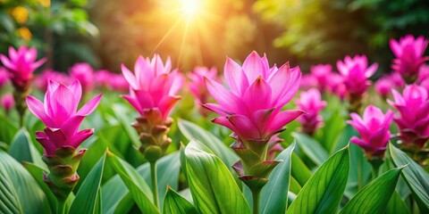 Obraz premium Vibrant pink Siam tulip flowers blooming in the wild, surrounded by lush greenery and vibrant foliage, with sunlight filtering through the petals , botanical photography, nature landscape
